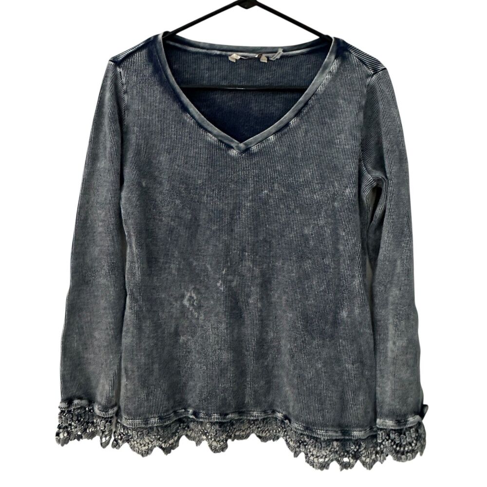 Soft Surroundings Blue Distressed‎ Embroidered Hem V-Neck Thermal Shirt S